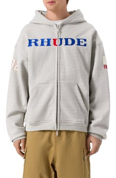 Мужской хлопковая толстовка RHUDE серого цвета, арт. RHFW24H006013 | Фото 3 (Материал сплава: Проставлено; Рукава: Длинные; Длина (для топов): Стандартные; Драгоценные камни: Проставлено; Стили: Кэжуэл; Мужское Кросс-КТ: Толстовка-одежда; Материал внешний: Хлопок)