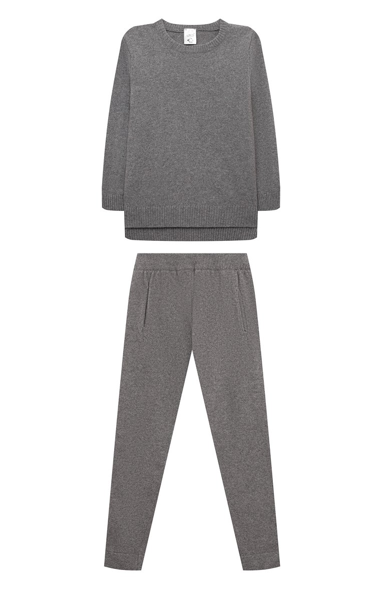 Детская комплект из пуловера и брюк WOOL AND COTTON серого цвета, арт. KRUFP-003 | Фото 1 (Материал внешний: Шерсть; Материал сплава: Проставлено; Драгоценные камни: Проставлено; Рукава: Длинные; Девочки Кросс-КТ: Костюмы-спорт; Ростовка одежда: 5 лет | 110 см, 6 лет | 116 см, 8 лет | 128 см, 10 - 11 лет | 140 - 146см, 13 - 15 лет | 158 см, 24 мес | 92 см)