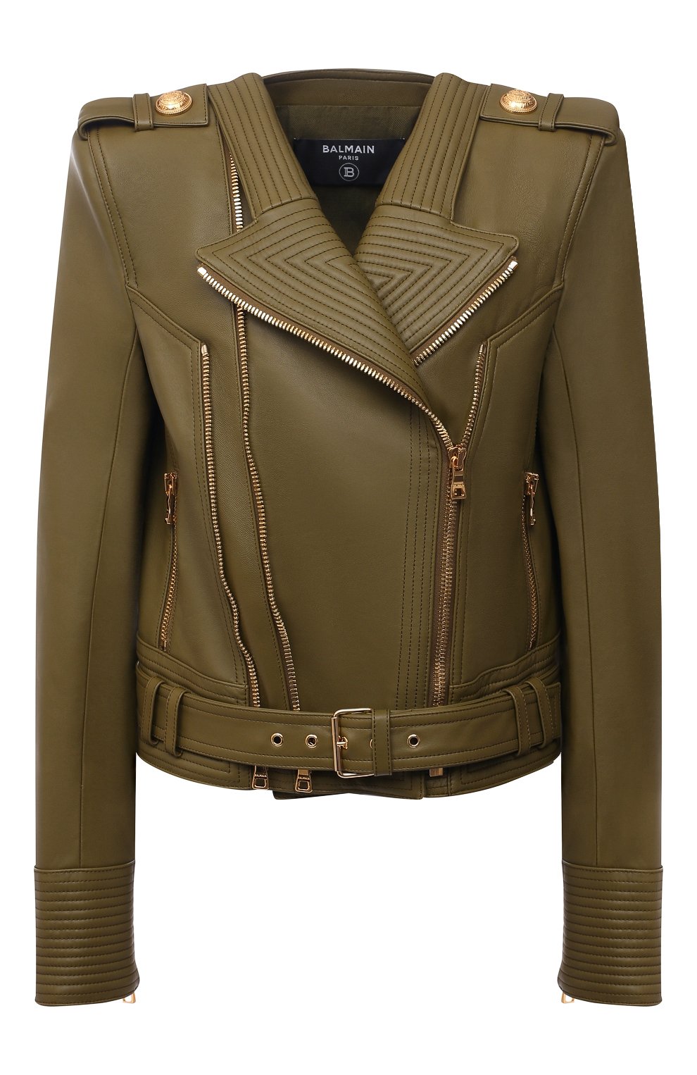 Кожаная куртка BALMAIN хаки цвета по цене 238500 руб., арт. WF0TD000/L183, фото 1 Кожаная куртка BALMAIN, арт. WF0TD000/L183, фото 1