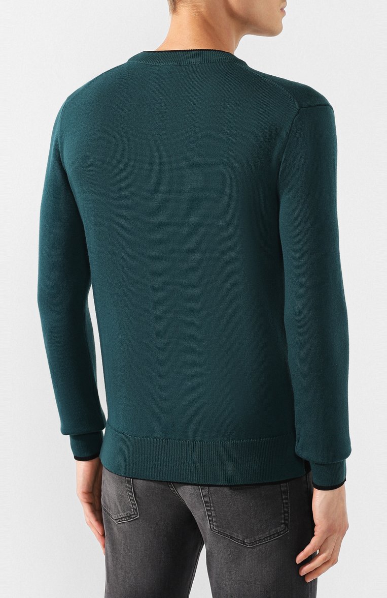 Мужской шерстяной джемпер KENZO зеленого цвета, арт. F965PU2023AB | Фото 4 (Материал внешний: Шерсть; Длина (для топов): Стандартные; Рукава от горловины: Длинные; Мужское Кросс-КТ: Джемперы; Рукава: Длинные; Статус проверки: Проверено, Проверена категория; Принт: Без принта; Вырез: Круглый; Стили: Кэжуэл)