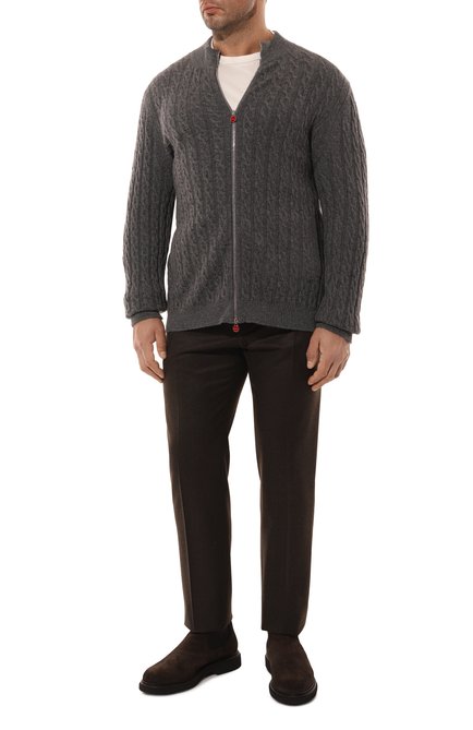 Мужской кашемировый кардиган KITON серого цвета, арт. UMK10191040_4XL-8XL | Фото 2 (Длина (для топов): Удлиненные; Драгоценные камни: Проставлено; Материал сплава: Проставлено; Материал внешний: Шерсть, Кашемир; Рукава: Длинные)