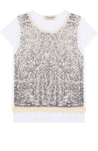 Хлопковая футболка с кружевной отделкой и пайетками TWINSET, арт. GS82RN/6A-10A, фото 1