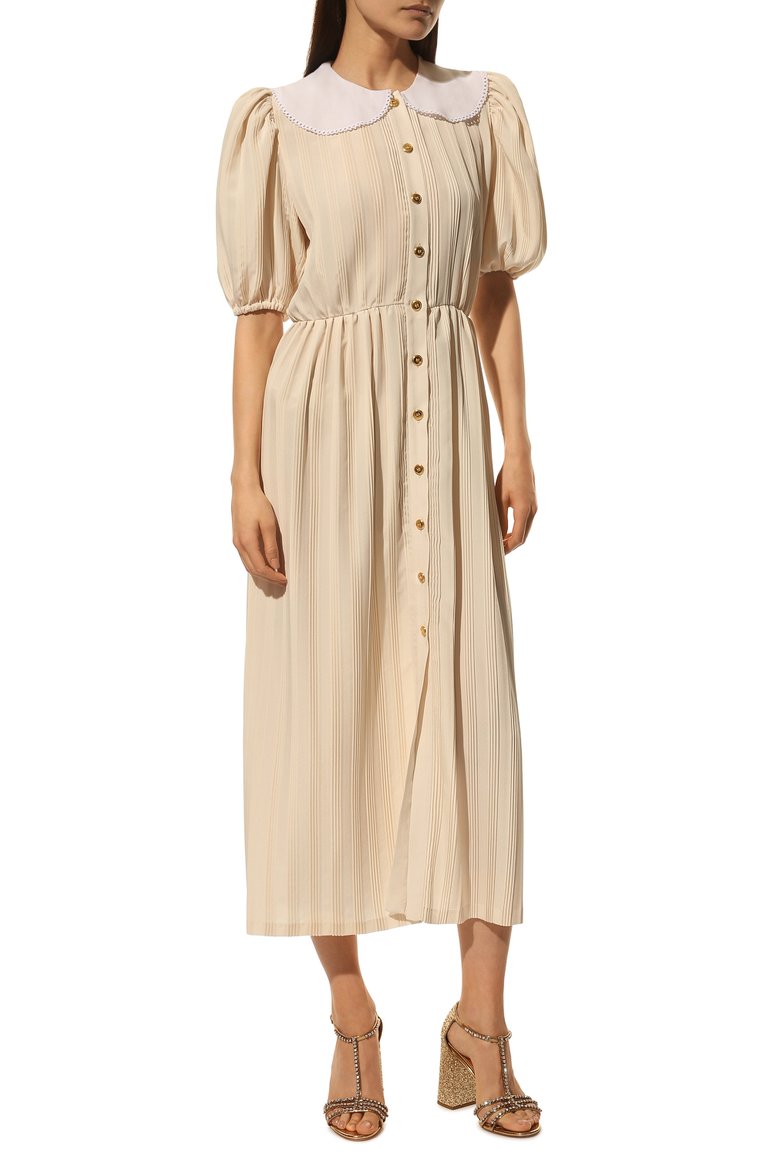 Женское платье MIU MIU бежевого цвета, арт. MF4533-1M7O-F0018 | Фото 3 (Длина Ж (юбки, платья, шорты): Миди; Женское Кросс-КТ: Платье-одежда; Случай: Повседневный; Стили: Бохо; Рукава: Короткие; Драгоценные камни: Проставлено; Материал сплава: Проставлено; Нос: Не проставлено; Региональные ограничения белый список (Axapta Mercury): Не проставлено)