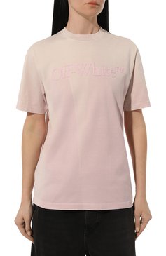 Женская хлопковая футболка OFF-WHITE светло-розового цвета, арт. 0WAA049S24JER001 | Фото 3 (Рукава: Короткие; Материал внешний: Хлопок; Принт: С принтом; Стили: Кэжуэл; Длина (для топов): Стандартные)
