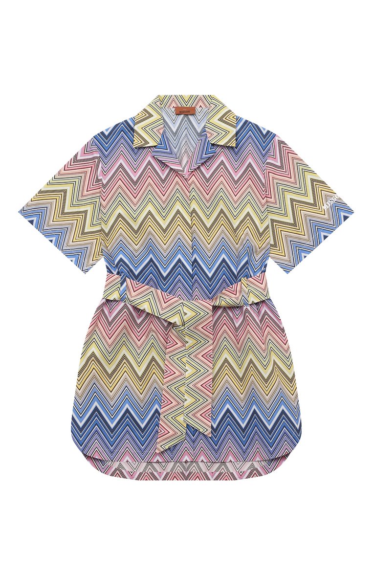 Детское хлопковое платье-рубашка MISSONI разноцветного цвета, арт. MU1A91/P0388/12-14 | Фото 1 (Драгоценные камни: Проставлено; Материал сплава: Проставлено; Материал внешний: Хлопок; Случай: Повседневный; Девочки Кросс-КТ: Платье-одежда; Рукава: Короткие; Ростовка одежда: 13 - 15 лет | 158 см, 12 лет | 152 см)