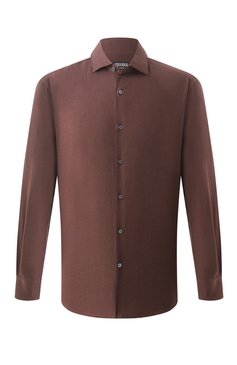 Мужская рубашка из хлопка и кашемира ZEGNA коричневого цвета, арт. SRF5/UEX45A8 | Фото 1 (Длина (для топов): Стандартные; Материал внешний: Хлопок; Рукава: Длинные; Случай: Повседневный; Стили: Кэжуэл; Манжеты: На пуговицах; Воротник: Акула; Принт: Однотонные)