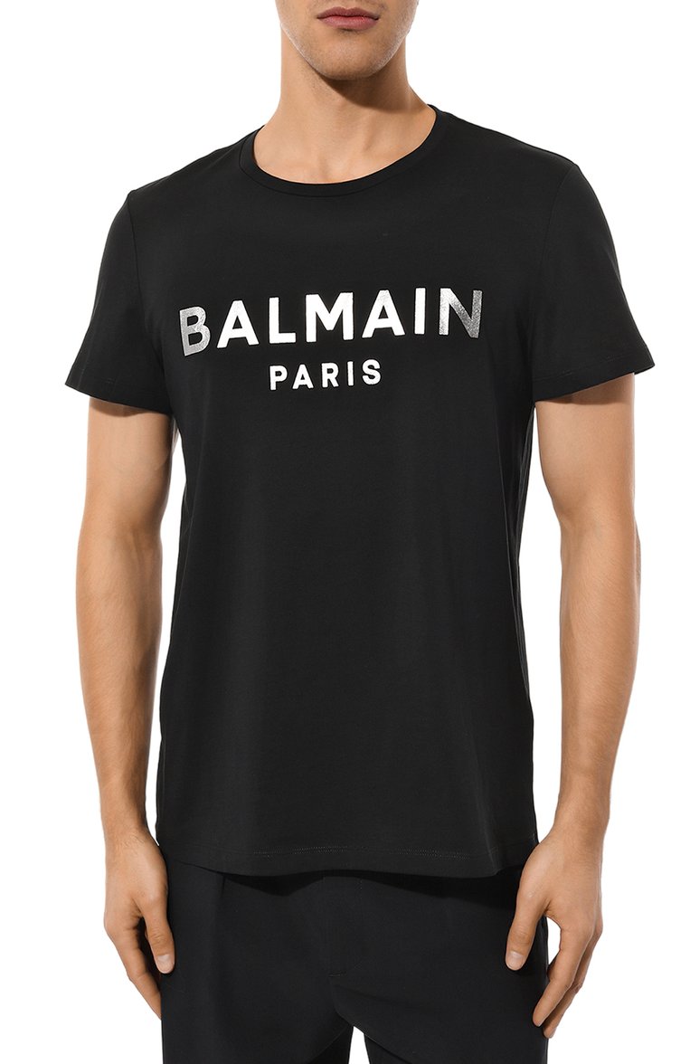 Мужская хлопковая футболка BALMAIN темно-синего цвета, арт. AH1EF000BB29 | Фото 3 (Материал внешний: Хлопок; Рукава: Короткие; Длина (для топов): Стандартные; Стили: Кэжуэл; Принт: С принтом; Мужское Кросс-КТ: Футболка-одежда; Кросс-КТ: Джерси)
