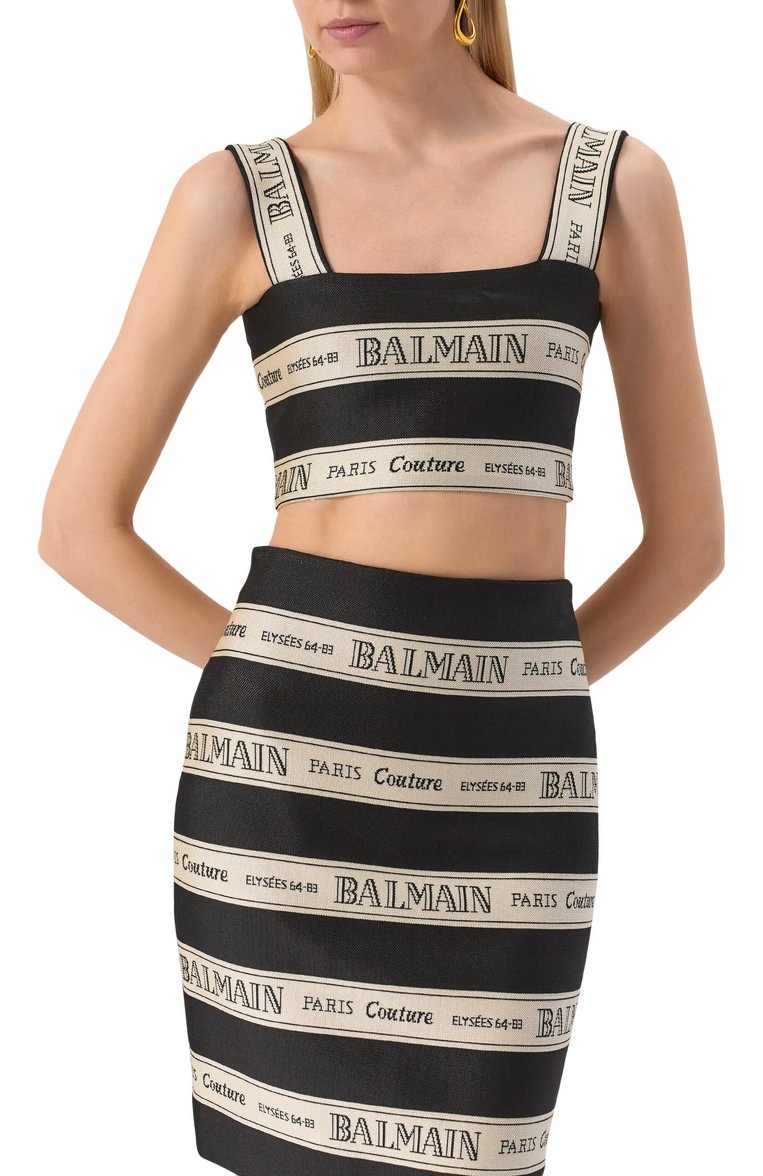Женский топ из вискозы BALMAIN черно-белого цвета, арт. EF1AA370/JJ95 | Фото 3 (Стили: Гламурный; Материал внешний: Вискоза; Длина (для топов): Укороченные; Рукава: На бретелях; Автоматизация состава: Проставлено; Автоматизация ТО: Проставлено; Материал подклада: Синтетический материал)