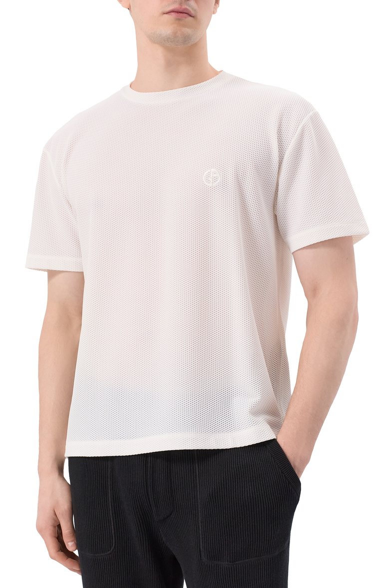 Мужская футболка GIORGIO ARMANI белого цвета, арт. GM001691/TE10045 | Фото 3 (Материал сплава: Проставлено; Драгоценные камни: Проставлено; Длина (для топов): Стандартные; Рукава: Короткие; Принт: Без принта; Стили: Кэжуэл; Материал внешний: Синтетический материал; Мужское Кросс-КТ: Футболка-одежда; Кросс-КТ: Джерси)