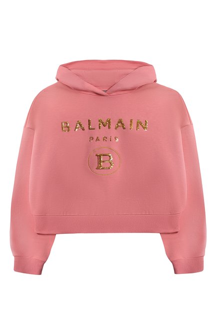 Детский укороченное худи BALMAIN кораллового цвета, арт. 6Q4100 | Фото 1 (Рукава: Длинные; Материал внешний: �Хлопок; Девочки Кросс-КТ: Худи-одежда; Драгоценные камни: Проставлено; Материал сплава: Проставлено; Ростовка одежда: 10 - 11 лет | 140 - 146см, 12 лет | 152 см, 13 - 15 лет | 158 см, 16 лет | 164 см, 8 лет | 128 см)