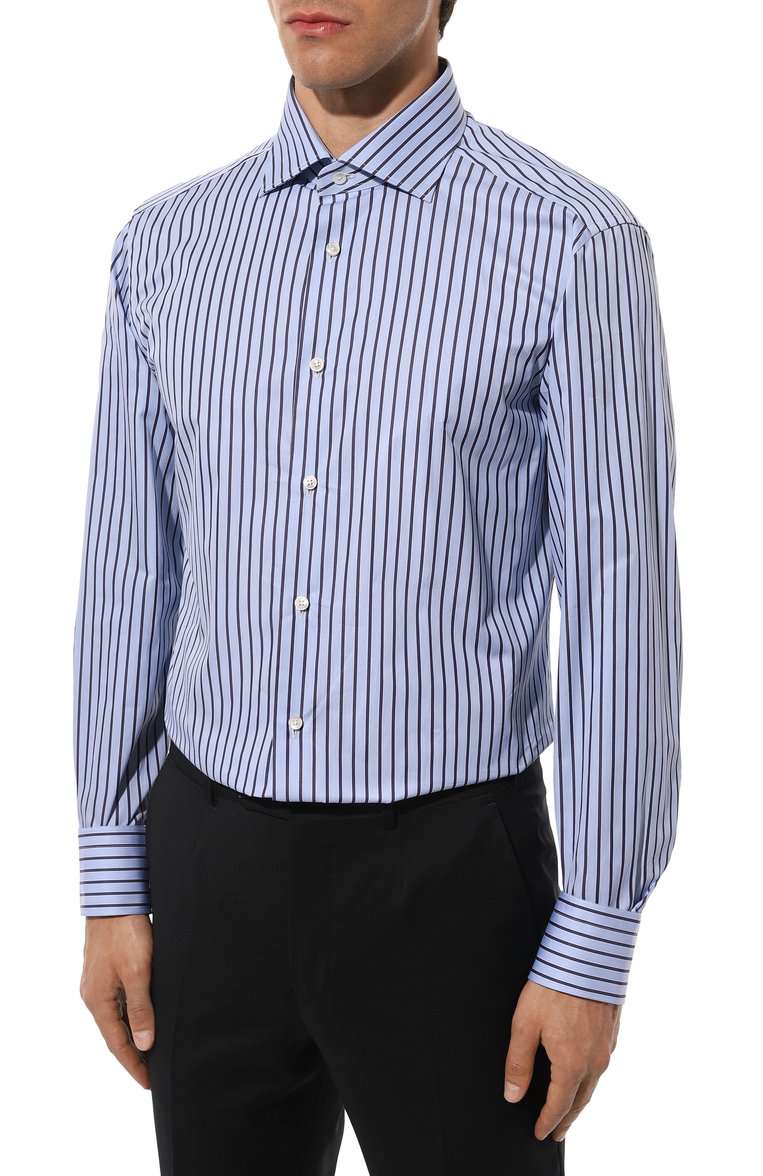 Мужская хлопковая сорочка ZEGNA голубого цвета, арт. 701529A7/9MS0BA | Фото 4 (Материал внешний: Хлопок; Рукава: Длинные; Длина (для топов): Стандартные; Манжеты: На пуговицах; Стили: Кэжуэл; Принт: Полоска; Рубашки М: Slim Fit; Случай: Повседневный; Воротник: Акула; Детали: Без декора; Автоматизация ТО: Проставлено; Автоматизация состава: Проставлено)