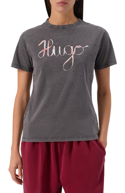 Хлопковая футболка HUGO серого цвета по цене 7940 руб., арт. 50544868, фото 3 Хлопковая футболка HUGO, арт. 50544868, фото 3
