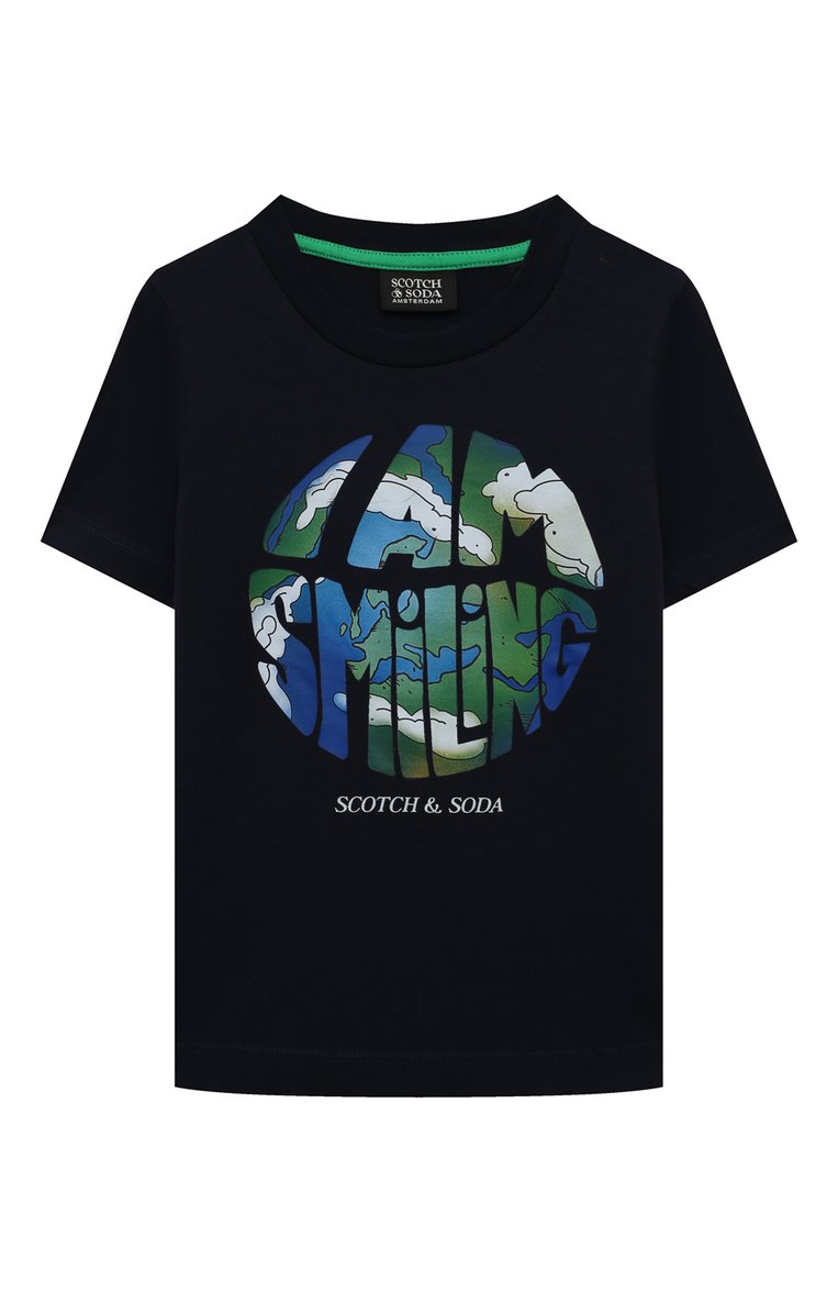 Детская хлопковая футболка SCOTCH AND SODA темно-синего цвета, арт. 167659-22-FWBM-D51 | Фото 1 (Материал внешний: Хлопок; Рукава: Короткие; Мальчики Кросс-КТ: Футболка-одежда; Нос: Не проставлено; Региональные ограничения белый список (Axapta Mercury): Не проставлено)
