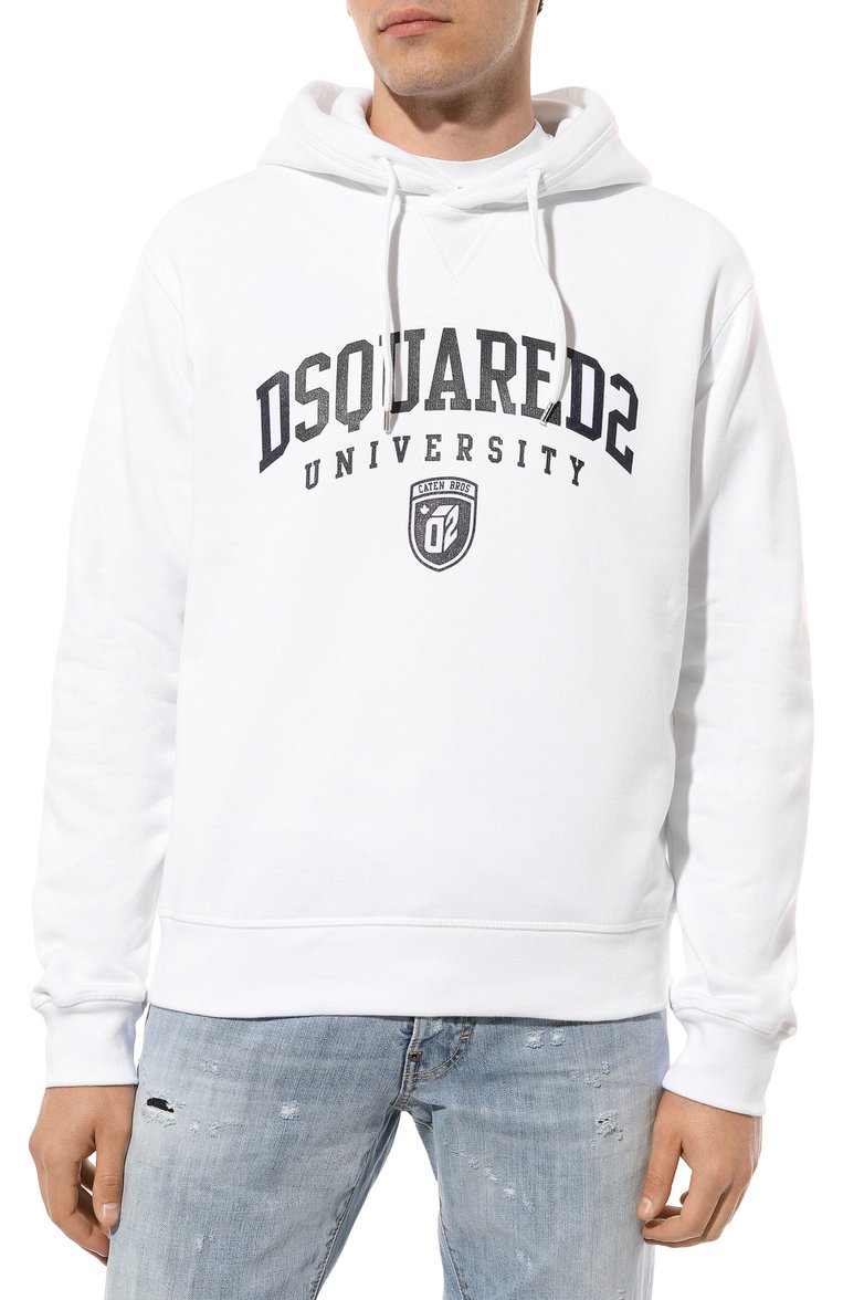 Мужской хлопковое худи DSQUARED2 белого цвета, арт. S74GU0744/S25516 | Фото 3 (Длина (для топов): Станда�ртные; Рукава: Длинные; Материал внешний: Хлопок; Принт: С принтом; Мужское Кросс-КТ: Худи-одежда; Стили: Спорт-шик)