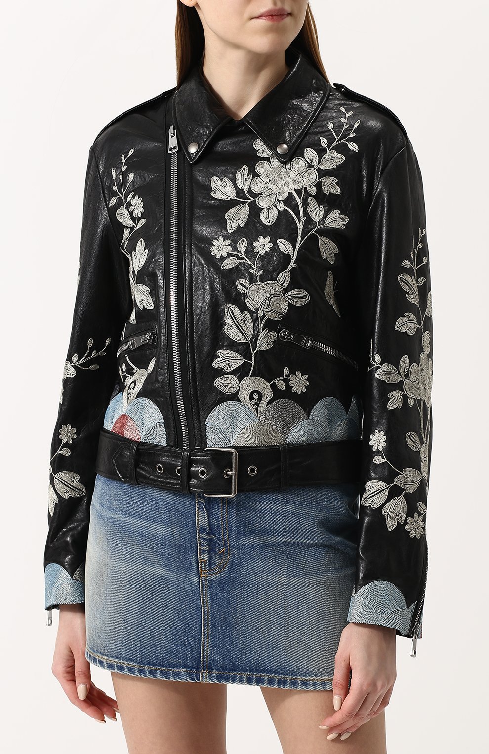 Кожаная куртка с косой молнией и контрастной вышивкой GUCCI, арт. 502642/XG556, фото 3