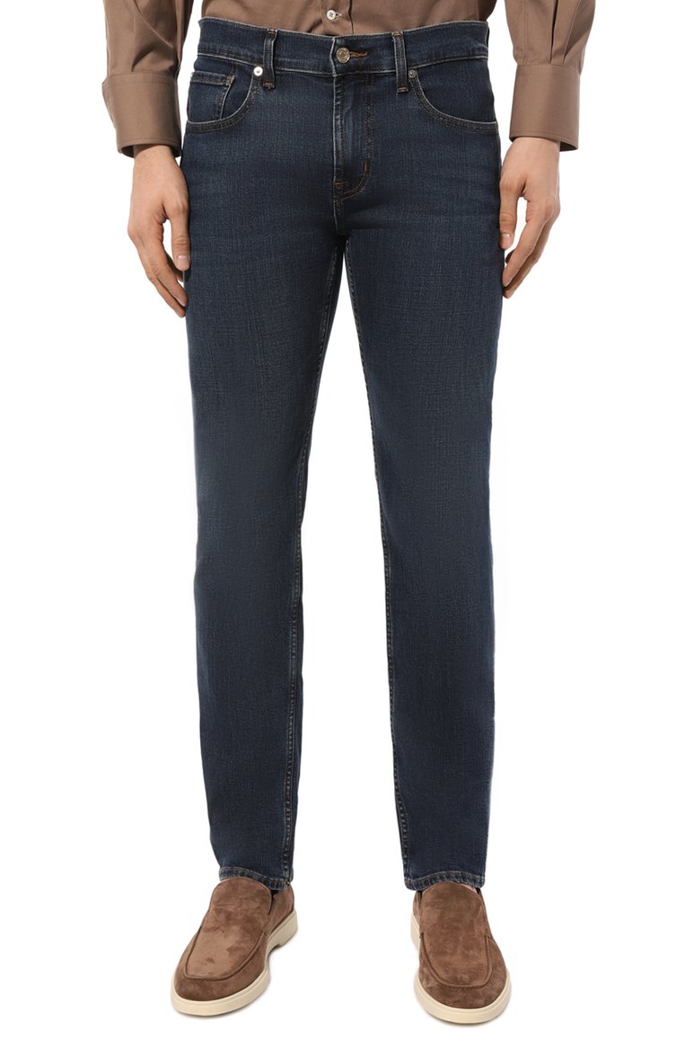 Мужские джинсы slimmy 7 FOR ALL MANKIND темно-синего цвета, арт. JSMSC420NL | Фото 3 (Материал внешний: Хлопок, Деним; Длина (брюки, джинсы): Стандартные; Кросс-КТ: Деним; Силуэт М (брюки): Прямые; Детали: Делаве; Стили: Повседневный; Автоматизация ТО: Проставлено; Автоматизация состава: Проставлено)