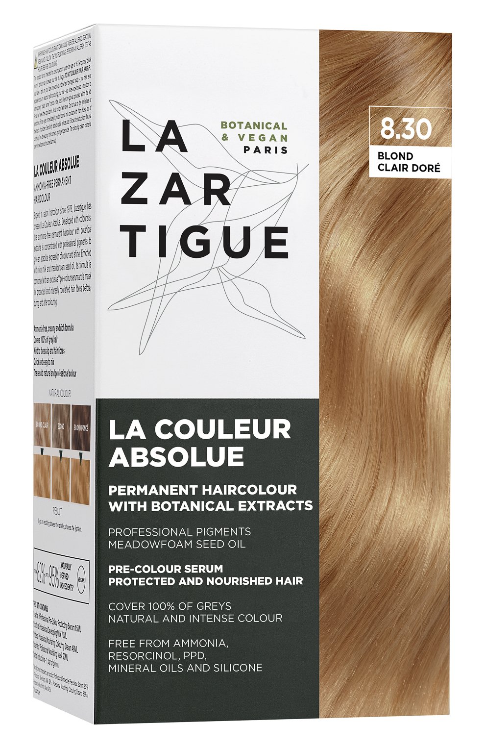 Перманентная безаммиачная краска для волос абсолютный цвет, оттенок светлый золотистый блондин 8.30 (15+70+48+20ml) LAZARTIGUE, арт. 10L01812B, фото 1
