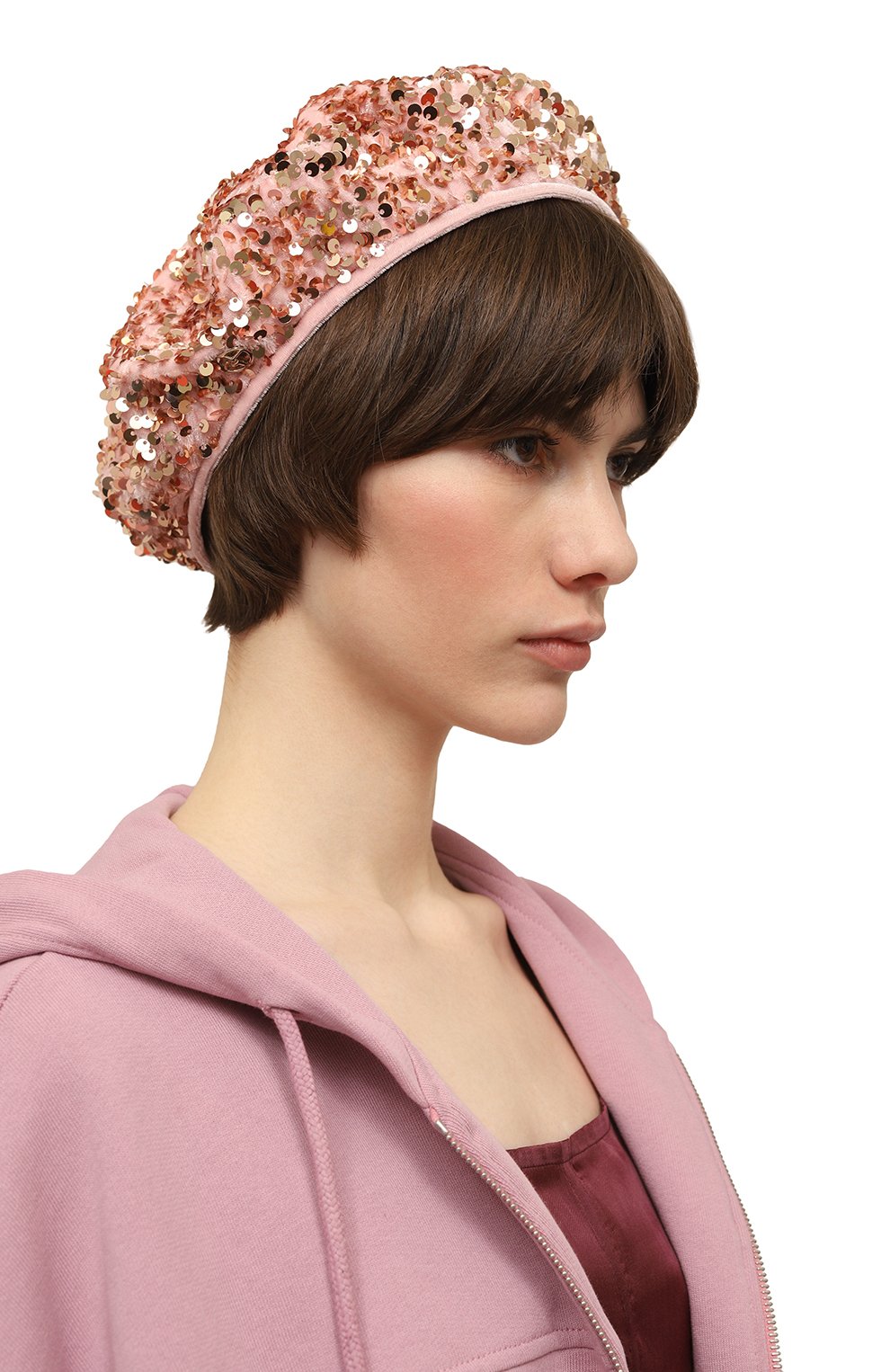 Берет с пайетками GIORGIO ARMANI светло-розового цвета по цене 43950 руб., арт. 797123/4R501, фото 2 Берет с пайетками GIORGIO ARMANI, арт. 797123/4R501, фото 2