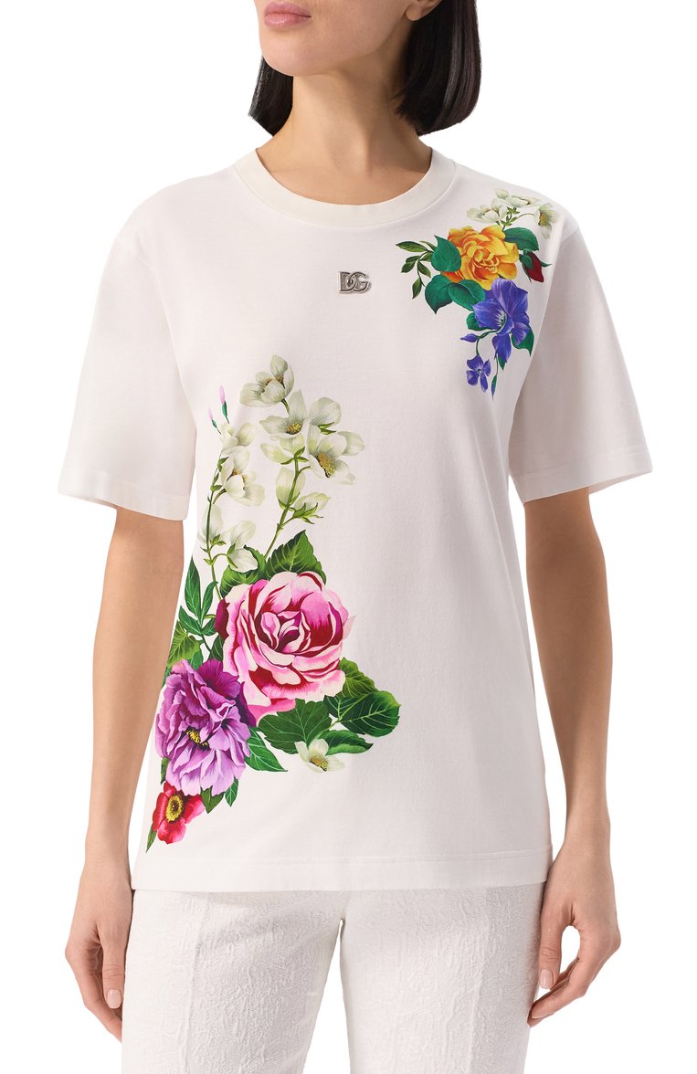 Женская хлопковая футболка DOLCE & GABBANA белого цвета, арт. F8U04T/GDCZT | Фото 3 (Материал внешний: Хлопок; Длина (для топов): Стандартные; Рукава: Короткие; Стили: Кэжуэл; Принт: С принтом; Автоматизация состава: Проставлено; Размерность: Товар большемерит; Автоматизация ТО: Проставлено; Re-sync: On)
