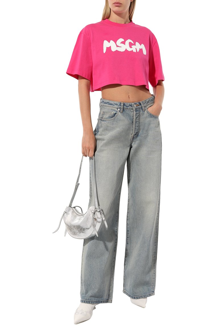 Женская хлопковая футболка MSGM фуксия цвета, арт. 3641MDM100/247002 | Фото 2 (Длина (для топов): Укороченные; Драгоценные камни: Проставлено; Рукава: Короткие; Материал сплава: Проставлено; Материал внешний: Хлопок; Принт: С принтом; Стили: Спорт-шик)