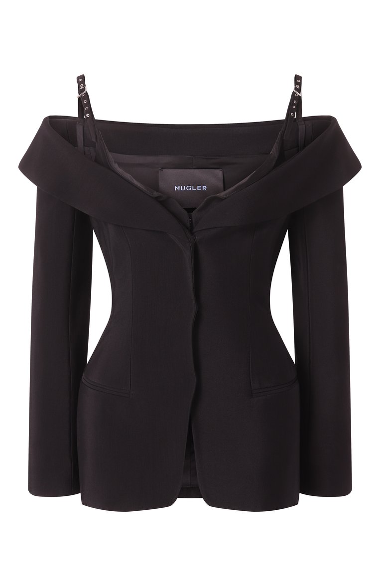 Женский жакет из вискозы и шерсти MUGLER черного цвета, арт. 25P1VE0453196 | Фото 1 (Рукава: Длинные; Материал внешний: Вискоза; Длина (для топов): Удлиненные; Женское Кросс-КТ: Жакет-одежда; Стили: Кэжуэл; 1-2-бортные: Однобортные)