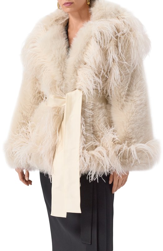 Шуба с отделкой перьями Elie Saab J0148AP25/FR001 Бежевый  J0148AP25/FR001 Фото 3