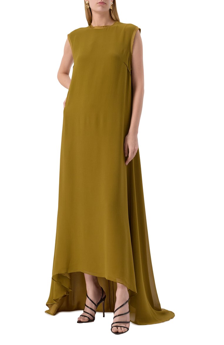 Женское шелковое платье ALBUS LUMEN хаки цвета, арт. AL.RT25.006.DRESS | Фото 3 (Материал внешний: Шелк; Длина Ж (юбки, платья, шорты): Макси; Женское Кросс-КТ: Платье-одежда; Случай: Вечерний; Стили: Романтичный; Рукава: Без рукавов)