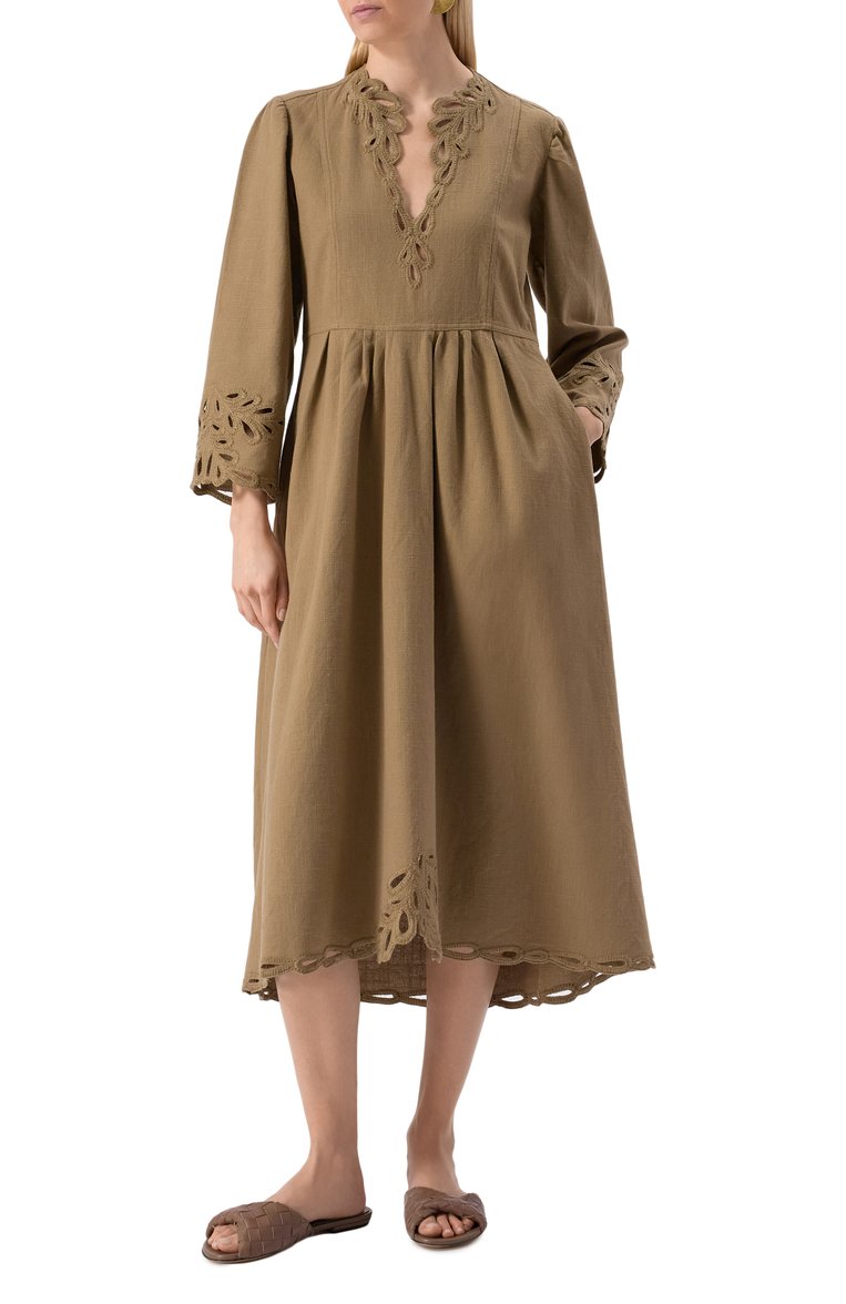 Женское хлопковое платье ISABEL MARANT ETOILE хаки цвета, арт. 25PR00656FA/C1J12E | Фото 2 (Длина Ж (юбки, платья, шорты): Миди; Материал внешний: Хлопок; Драгоценные камни: Проставлено; Материал сплава: Проставлено; Рукава: Длинные; Случай: Повседневный; Женское Кросс-КТ: Платье-одежда; Стили: Кэжуэл)