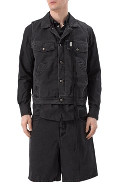 Мужской джинсовый жилет ANN DEMEULEMEESTER черного цвета, арт. B0010293/FA039 | Фото 3 (Длина (верхняя одежда): Короткие; Драгоценные камни: Проставлено; Материал сплава: Проставлено; Кросс-КТ: Деним; Материал внешний: Деним, Хлопок; Стили: Гранж)