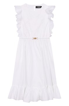 Детское хлопковое платье VERSACE белого цвета, арт. 1018151/1A13100/8A-14A | Фото 1 (Материал внешний: Хлопок; Рукава: Короткие; Девочки Кросс-КТ: Платье-одежда; Случай: Повседневный; Материал подклада: Хлопок; Автоматизация ТО: Проставлено; Автоматизация состава: Проставлено; Ростовка одежда: 6 лет | 116 см, 8 лет | 128 см, 10 - 11 лет | 140 - 146см, 12 лет | 152 см, 16 лет | 164 см)