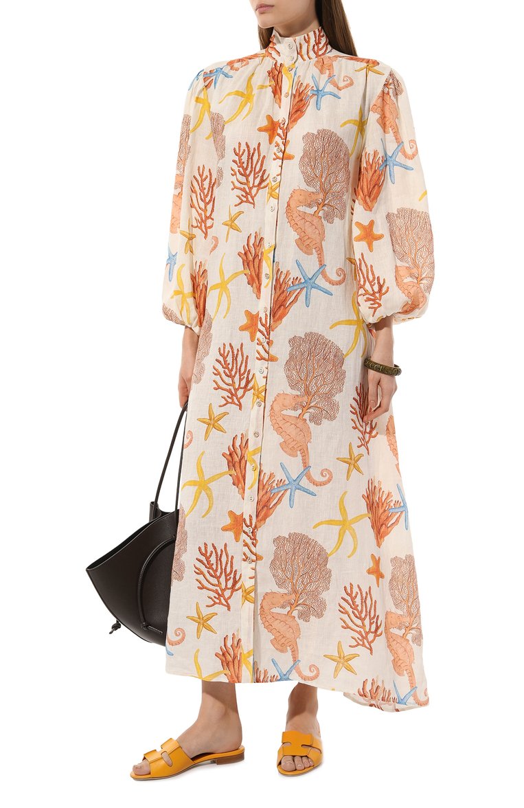 Женское льняное платье PALM NOOSA разноцветного цвета, арт. N0DDY DRESS | Фото 2 (Материал сплава: Проставлено; Рукава: Длинные; Материал внешний: Лен; Драгоценные камни: Проставлено; Длина Ж (юбки, платья, шорты): Миди; Женское Кросс-КТ: Платье-пляжная одежда; Стили: Романтичный)