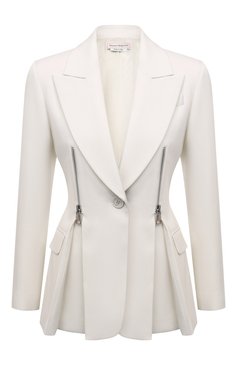 Женский шерстяной жакет ALEXANDER MCQUEEN кремового цвета, арт. 687400/QJACA | Фото 1 (Материал подклада: Купро; Материал внешний: Шерсть; Рукава: Длинные; Длина (для топов): Стандартные; Стили: Гламурный; Случай: Вечерний; Женское Кросс-КТ: Жакет-одежда; 1-2-бортные: Однобортные; Кросс-КТ: костюм)