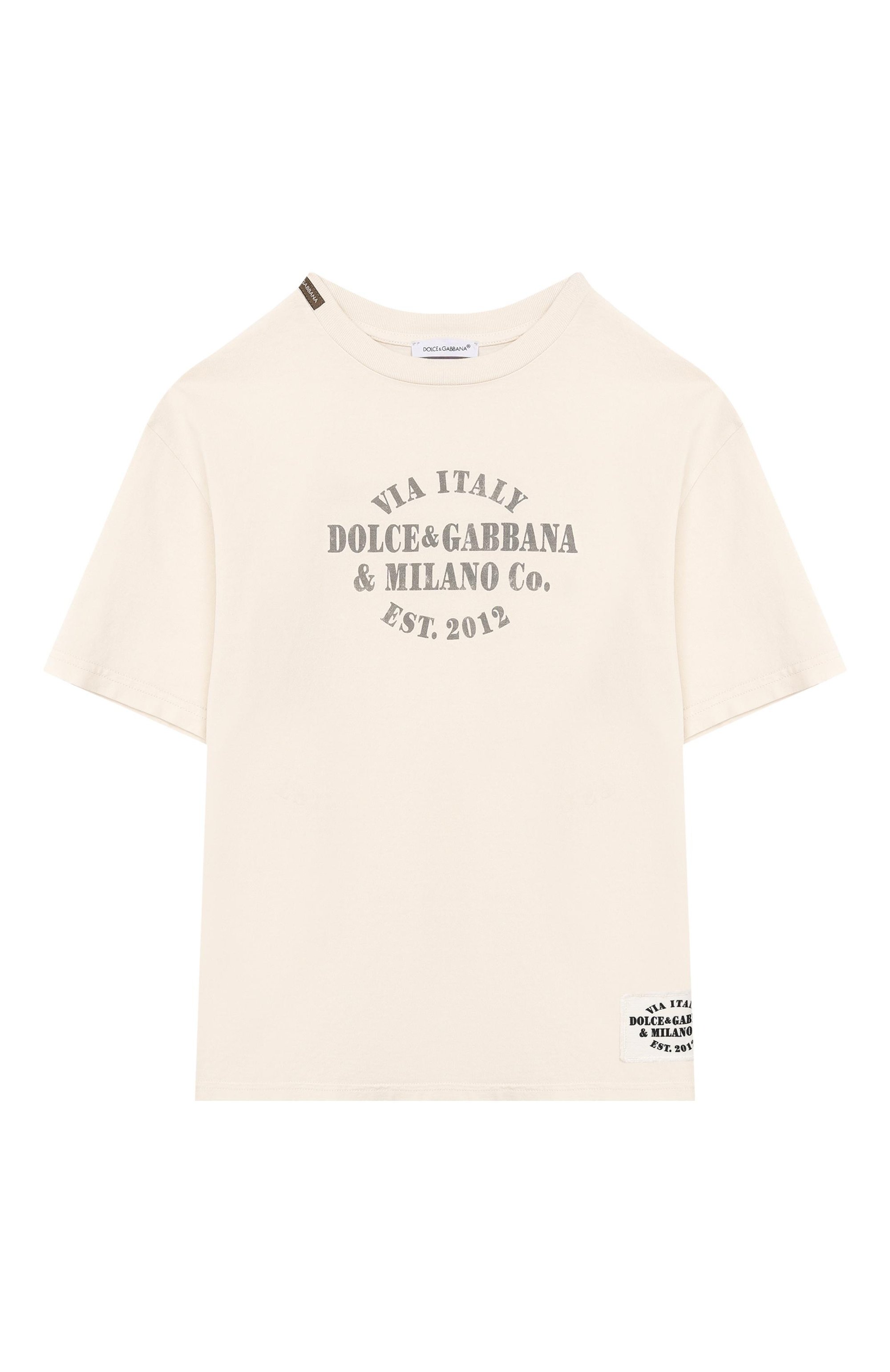 Хлопковая футболка DOLCE & GABBANA кремового цвета по цене 23600 руб., арт. L4JTHV/G7PRJ, фото 1 Хлопковая футболка DOLCE & GABBANA, арт. L4JTHV/G7PRJ, фото 1