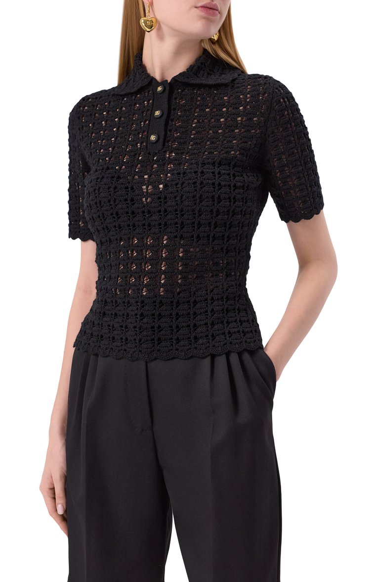 Женский шерстяное поло DOLCE & GABBANA черного цвета, арт. FXZ15T/JCVWH | Фото 3 (Рукава: Короткие; Материал внешний: Шерсть; Длина (для топов): Стандартные; Стили: Кэжуэл; Кросс-КТ: Трикотаж; Автоматизация состава: Проставлено; Автоматизация ТО: Проставлено; Размерность: Идёт в размер)