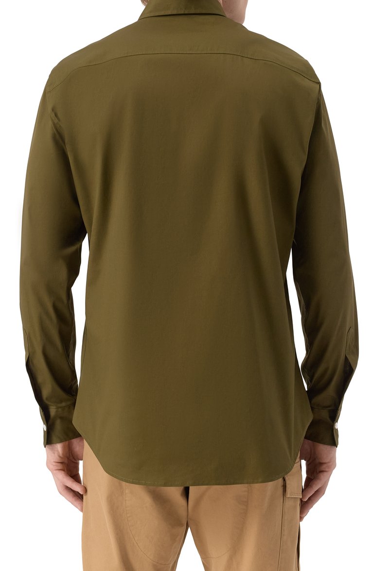 Мужская хлопковая рубашка DSQUARED2 хаки цвета, арт. S74DM0914/S44131 | Фото 4 (Рукава: Длинные; Материал внешний: Хлопок; Длина (для топов): Стандартные; Манжеты: На пуговицах; Воротник: Кент; Случай: Повседневный; Стили: Кэжуэл; Принт: Однотонные)