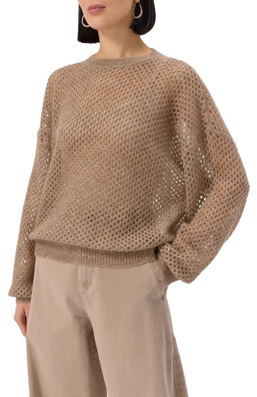 Пуловер из шерсти и хлопка Brunello Cucinelli MPS732400P Бежевый  MPS732400P Фото 3