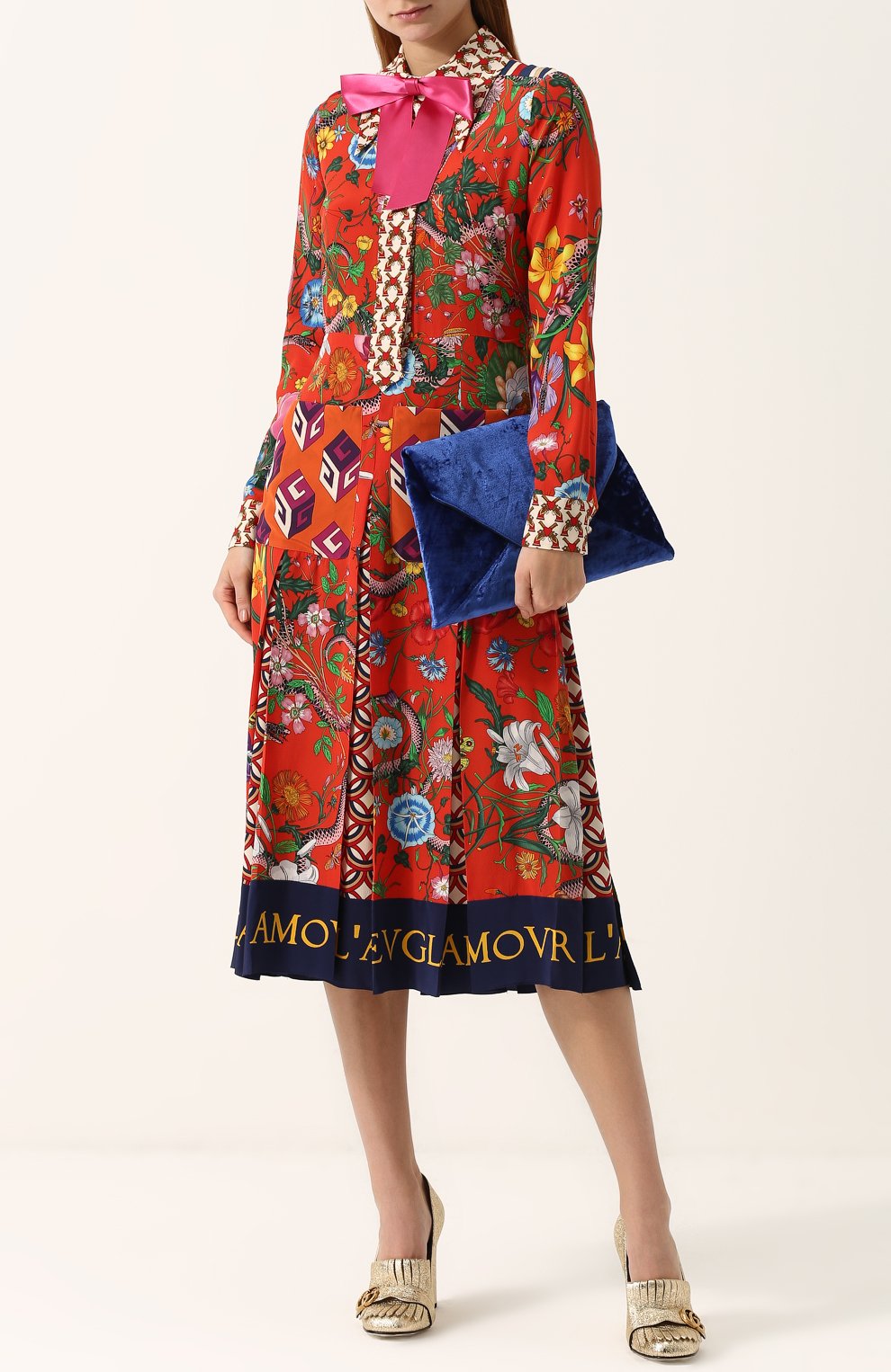 Приталенное шелковое платье-миди с принтом GUCCI, арт. 477336/ZJP71, фото 2