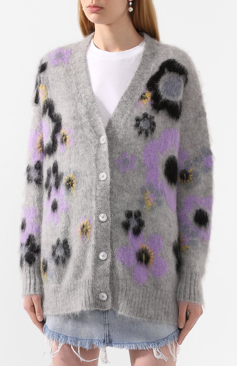 Женский кардиган MIU MIU серого цвета, арт. MMF252-1WVK-F0230 | Фото 3 (Длина (для топов): Удлиненные; Рукава: Длинные; Материал внешний: Шерсть; Женское Кросс-КТ: кардиган-трикотаж)