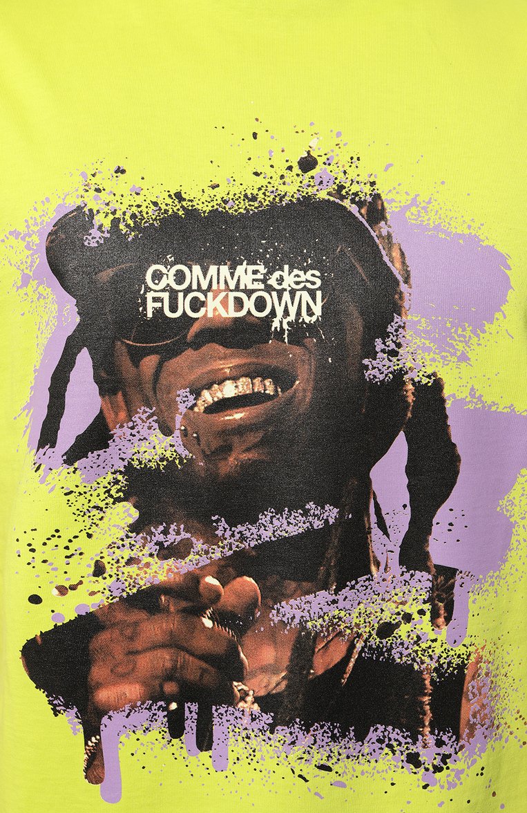 Мужская хлопковая футболка COMME DES FUCKDOWN салатового цвета, арт. CFABM00043 | Фото 5 (Рукава: Короткие; Длина (для топов): Стандартные; Материал внешний: Хлопок; Принт: С принтом; Стили: Гранж; Кросс-КТ: Джерси; Мужское Кро�сс-КТ: Футболка-одежда)