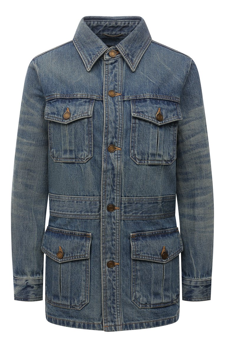 Женская джинсовая куртка SAINT LAURENT тёмно-голубого цвета, арт. 659616/Y863C | Фото 1 (Материал внешний: Хлопок, Деним; Длина (верхняя одежда): Короткие; Рукава: Длинные; Стили: Кэжуэл; Кросс-КТ: Деним, Куртка, Легкие; Автоматизация состава: Проставлено; Автоматизация ТО: Проставлено)
