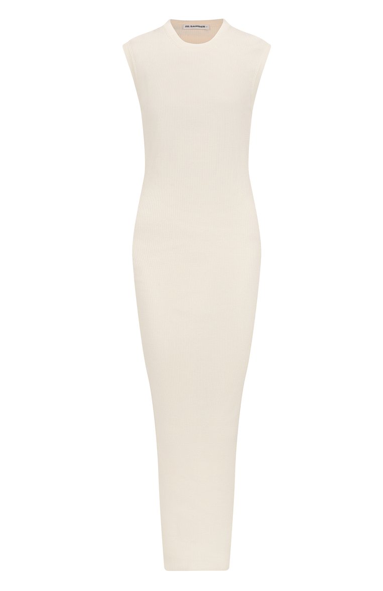 Женское хлопковое платье JIL SANDER кремового цвета, арт. J40CT0202-J15410 | Фото 1 (Длина Ж (юбки, платья, шорты): Миди; Материал внешний: Хлопок; Женское Кросс-КТ: Платье-одежда; Случай: Повседневный; Стили: Минимализм; Кросс-КТ: Трикотаж; Рукава: Без рукавов; Автоматизация состава: Проставлено; Автоматизация ТО: Проставлено)
