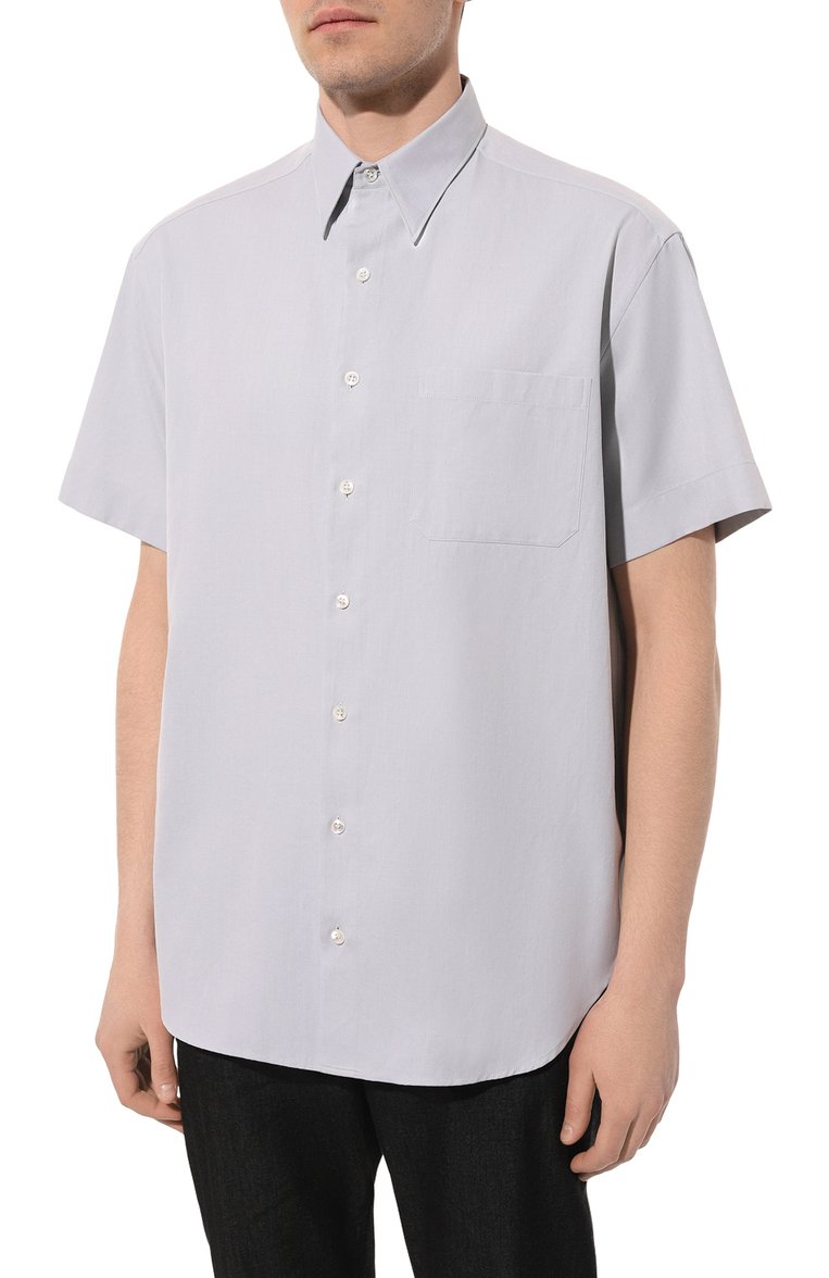 Мужская хлопковая рубашка GIORGIO ARMANI светло-серого цвета, арт. 4SGCC099/T04S6 | Фото 3 (Материал внешний: Хлопок; Длина (для топов): Стандартные; Рукава: Короткие; Воротник: Кент; Рубашки М: Regular Fit; Принт: Однотонные; Случай: Повседневный; Стили: Кэжуэл; Автоматизация ТО: Проставлено; Автоматизация состава: Проставлено; Детали: Без декора)