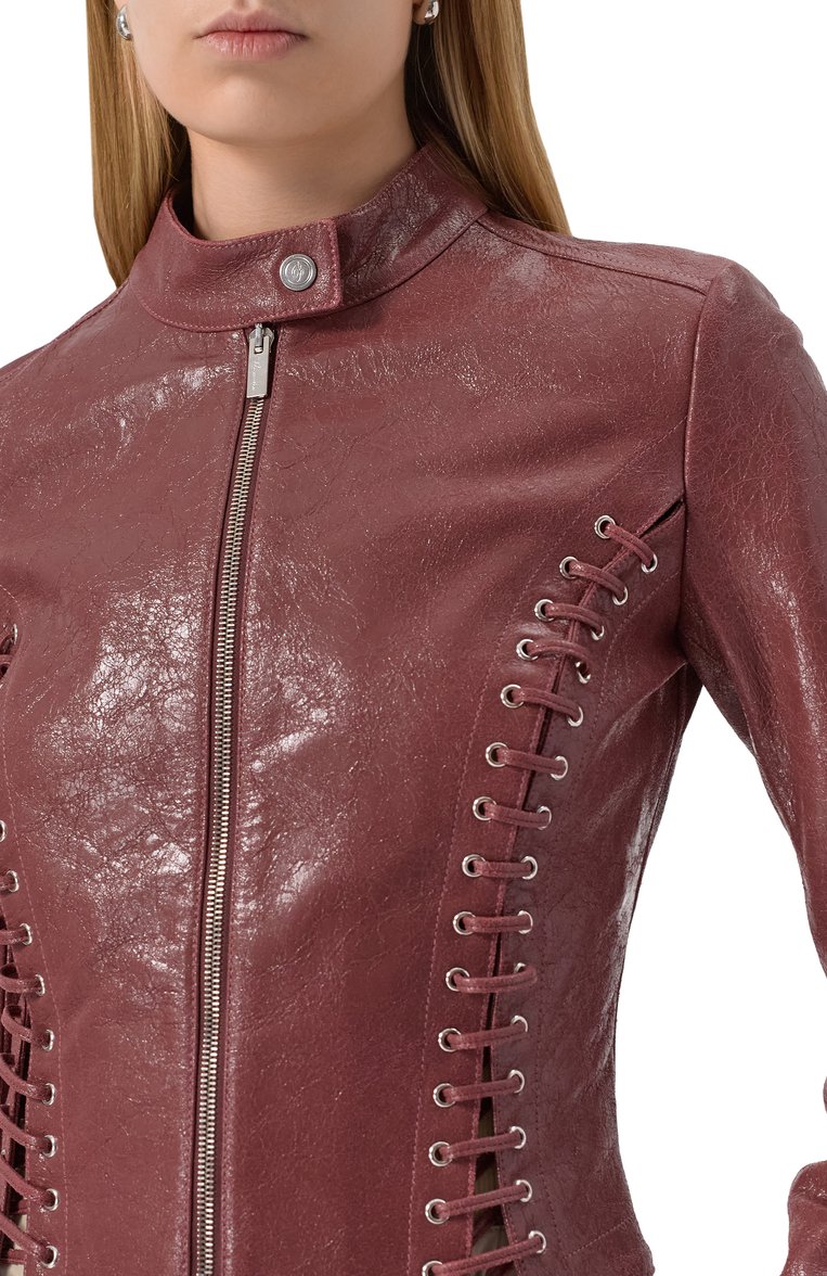 Женская кожаная куртка BLUMARINE бордового цвета, арт. P54 4L064W | Фото 5 (Длина (ве�рхняя одежда): Короткие; Материал подклада: Хлопок; Материал внешний: Натуральная кожа; Рукава: Длинные; Женское Кросс-КТ: Замша и кожа; Кросс-КТ: Куртка, Легкие; Стили: Кэжуэл; Автоматизация ТО: Проставлено; Автоматизация состава: Проставлено)