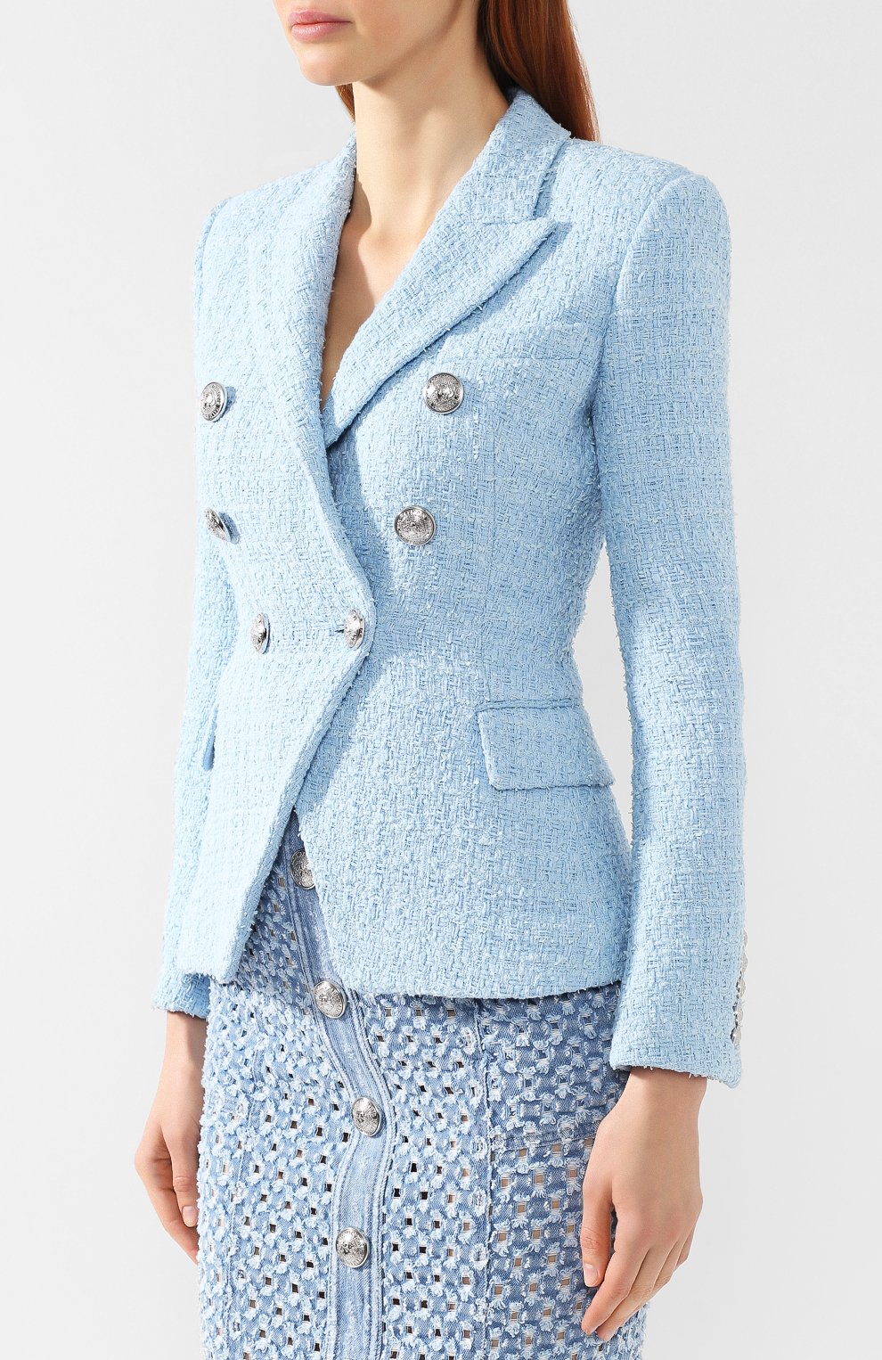 Двубортный жакет BALMAIN голубого цвета по цене 214500 руб., арт. RF07150/C138, фото 3 Двубортный жакет BALMAIN, арт. RF07150/C138, фото 3