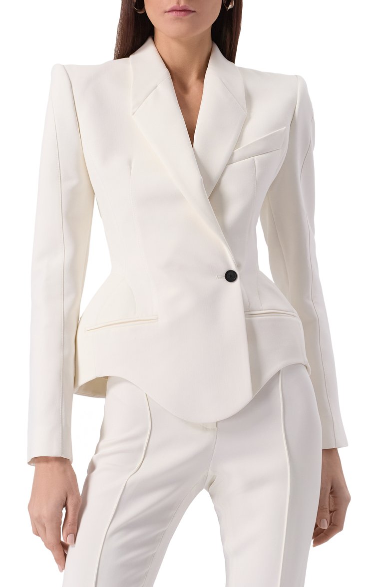 Женский жакет из вискозы и шерсти MUGLER белого цвета, �арт. 25P1VE0390196 | Фото 3 (Рукава: Длинные; Длина (для топов): Стандартные; Материал внешний: Вискоза; Кросс-КТ: костюм; 1-2-бортные: Однобортные; Женское Кросс-КТ: Жакет-одежда; Стили: Кэжуэл)
