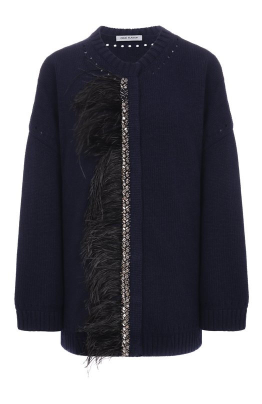 Шерстяной кардиган с отделкой перьями Dice Kayek PF25K80600 LUN NAVY Синий PF25K80600 LUN NAVY