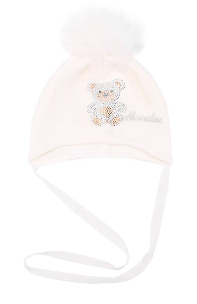 Вязаная шапка со стразами и меховым помпоном MONNALISA белого цвета по цене 8430 руб., арт. 390005AH, фото 1 Вязаная шапка со стразами и меховым помпоном MONNALISA, арт. 390005AH, фото 1