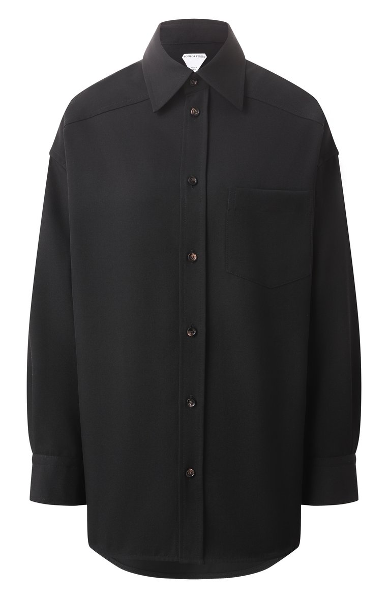 Женская шерстяная рубашка BOTTEGA VENETA черного цвета, арт. 797480 V3PH0 | Фото 1 (Материал внешний: Шерсть; Длина (для топов): Удлиненные; Рукава: Длинные; Принт: Без принта; Стили: Классический; Женское Кросс-КТ: Рубашка-одежда)