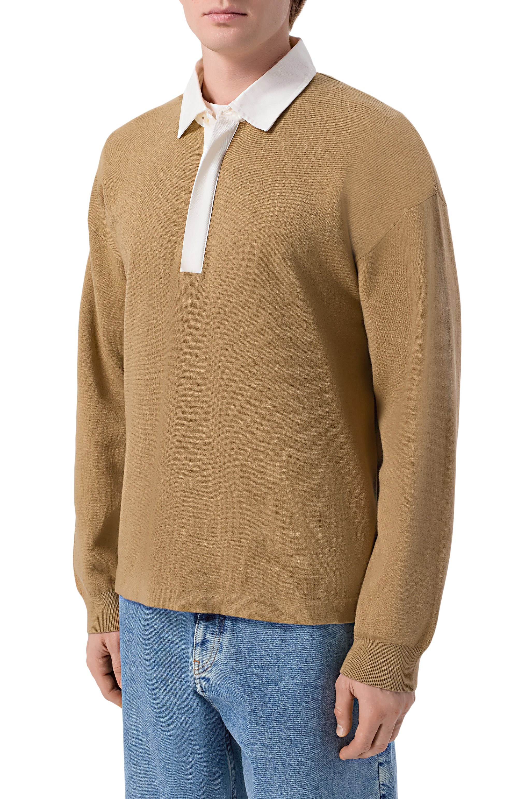 Поло из хлопка и шерсти BOSS темно-бежевого цвета по цене 34950 руб., арт. 50555127, фото 3 Поло из хлопка и шерсти BOSS, арт. 50555127, фото 3