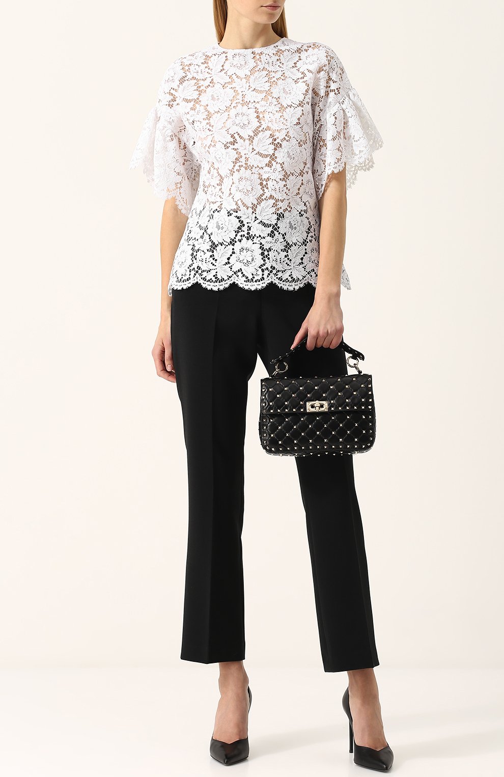 Однотонный кружевной топ с коротким рукавом VALENTINO, арт. PB3AE1Q7/1EC, фото 2